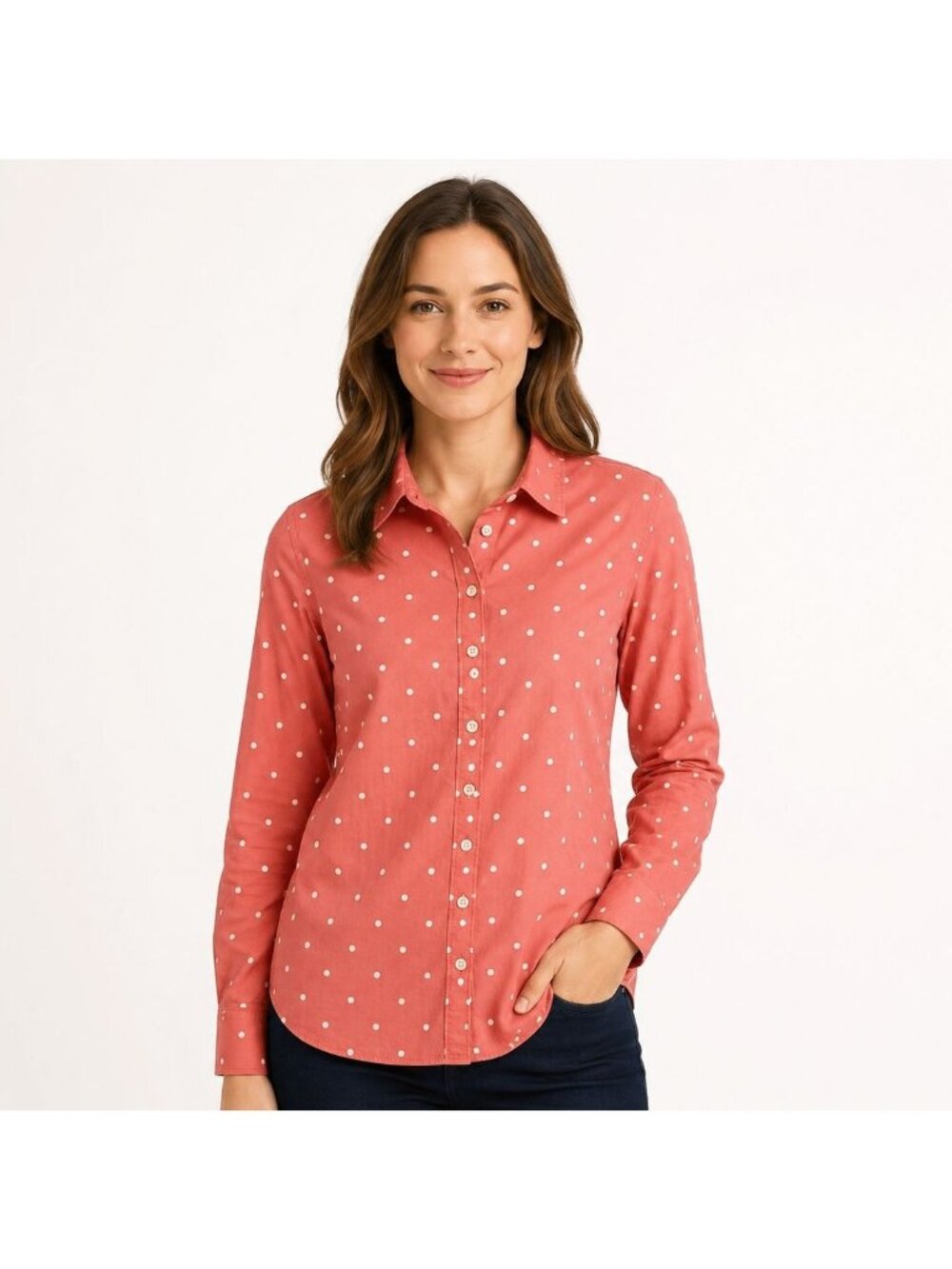 Crown | Ivy Womens Shirt Top Pink Polka Dot Cotton Long Sleeve Button Size S